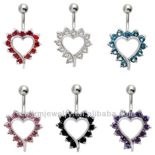 316L Aço Cirúrgico 14 Guage Amor Coração Belly Anel Barbete Bar Barbell Stud Body Piercing BER-006